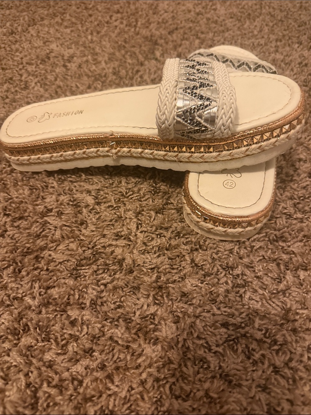 White & Silver Braided Slide Sandals